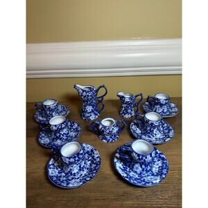 Victoria Ware Stoneware‎ Small Tea Cups Saucers Sugar Creamer Cobalt Flue Floral